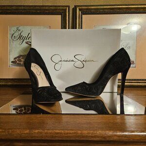 🖤Jessica Simpson Chareese Black Suede Lace Appliqué Stiletto Pump – Size 6M